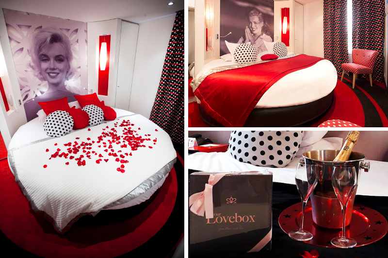 Jedes Zimmer im Platine Hotel Paris ist von einer Filmikone und vom Stil der 50er Jahre inspiriert. Dazu bietet das Hotel für Paare ein erotisches Package mit Lovebox oder Loving up Set